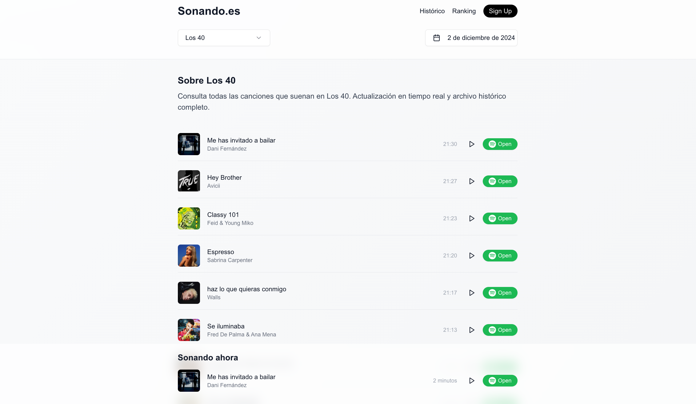 Sonando es historial de canciones de radio en tiempo real